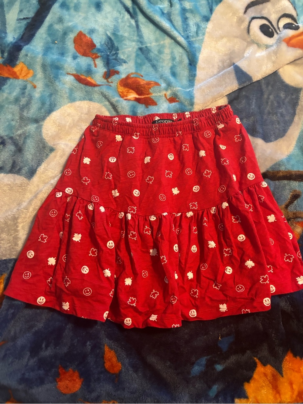 George Red Tiered Skater Skirt with White Leaf & Smile Motif